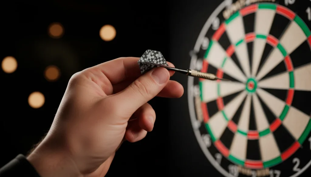 Nahaufnahme einer Hand beim Dartwurf unter Scheinwerferlicht auf der Bühne