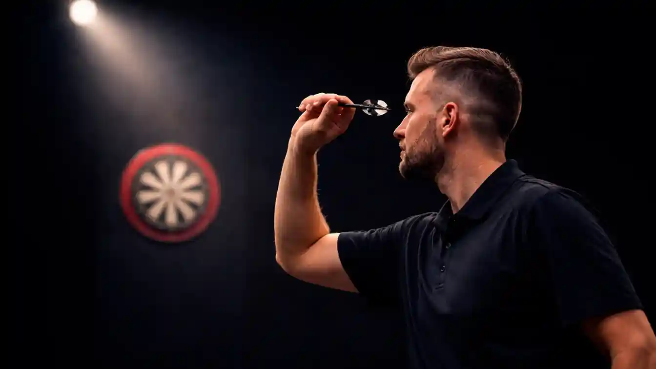 Darts-Spieler steht konzentriert am Oche und fokussiert das Doppelfeld unter Spotlight