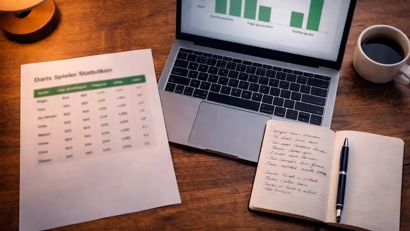 Sportwetter studiert Darts-Statistiken und Spielerformkurven auf Papier am Schreibtisch