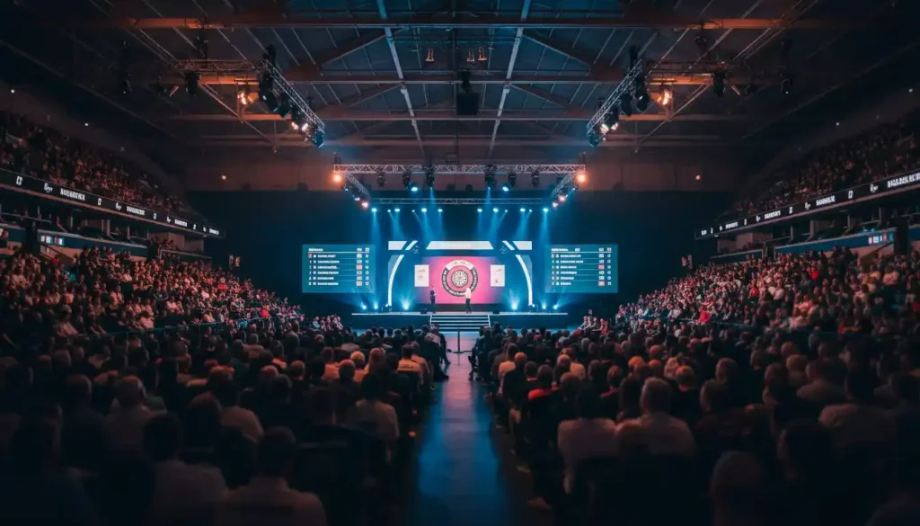 Dartbühne im Alexandra Palace mit Zuschauern und beleuchteter Spielfläche