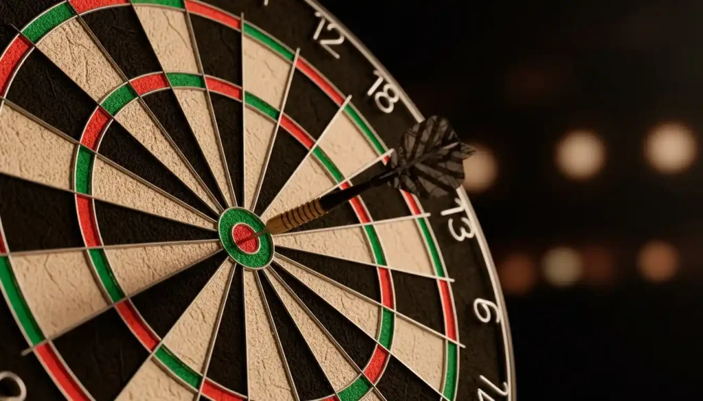 Dartpfeil steckt in der Triple-20 auf einer professionellen Dartscheibe unter Bühnenlicht