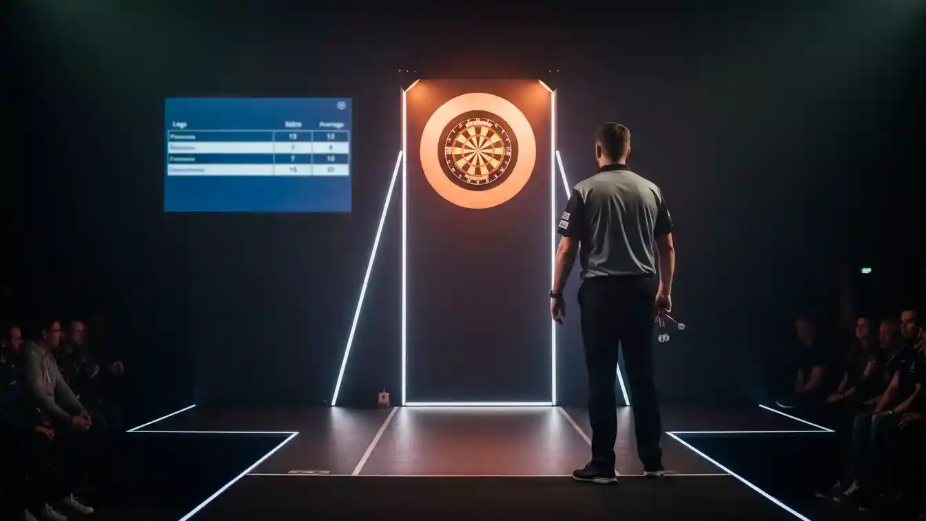 Darts-Spieler analysiert seine Wurfstrategie vor der Dartscheibe mit Scoring-Anzeige