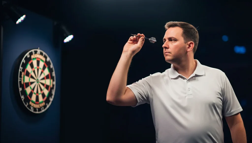 Dartspieler konzentriert sich vor dem Wurf auf einer beleuchteten Turnierbühne