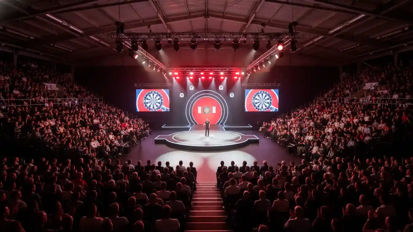 PDC Darts-Weltmeisterschaft Bühne im Alexandra Palace mit Zuschauern und Bühnenbeleuchtung